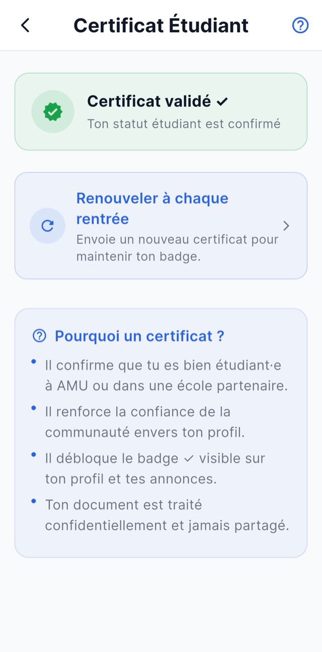 Écran de l'application : le certificat étudiant validé, qui débloque le badge de vérification.