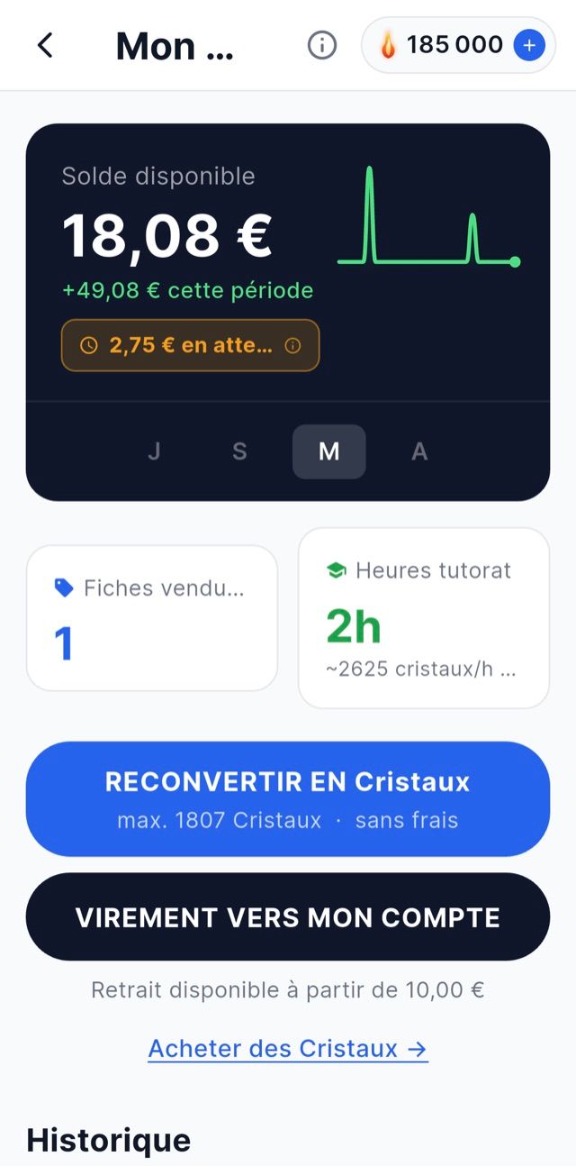 Écran de l'application : le portefeuille, avec le solde disponible, la reconversion en cristaux et le virement bancaire.