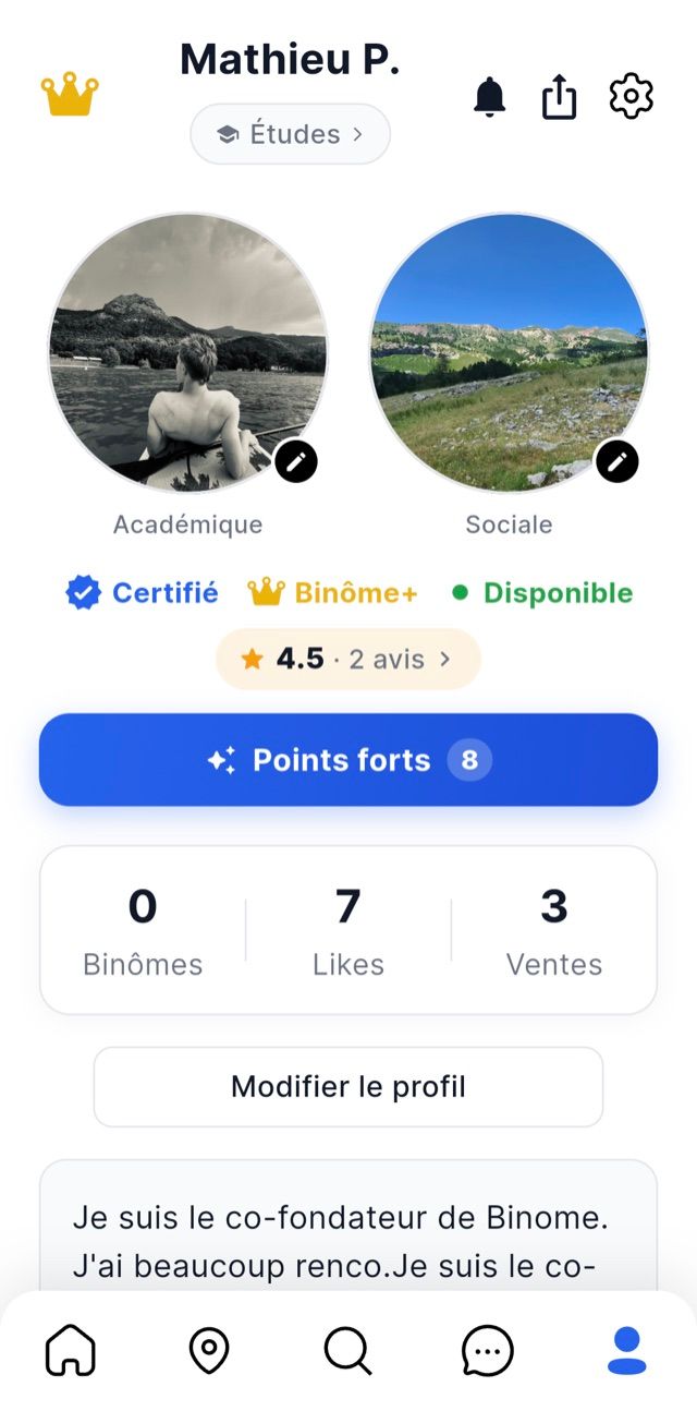 Écran de l'application : un profil étudiant certifié, avec sa note, ses points forts et ses statistiques.