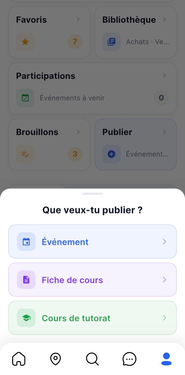 Écran de l'application : le choix entre publier un événement, une fiche de cours ou un cours de tutorat.