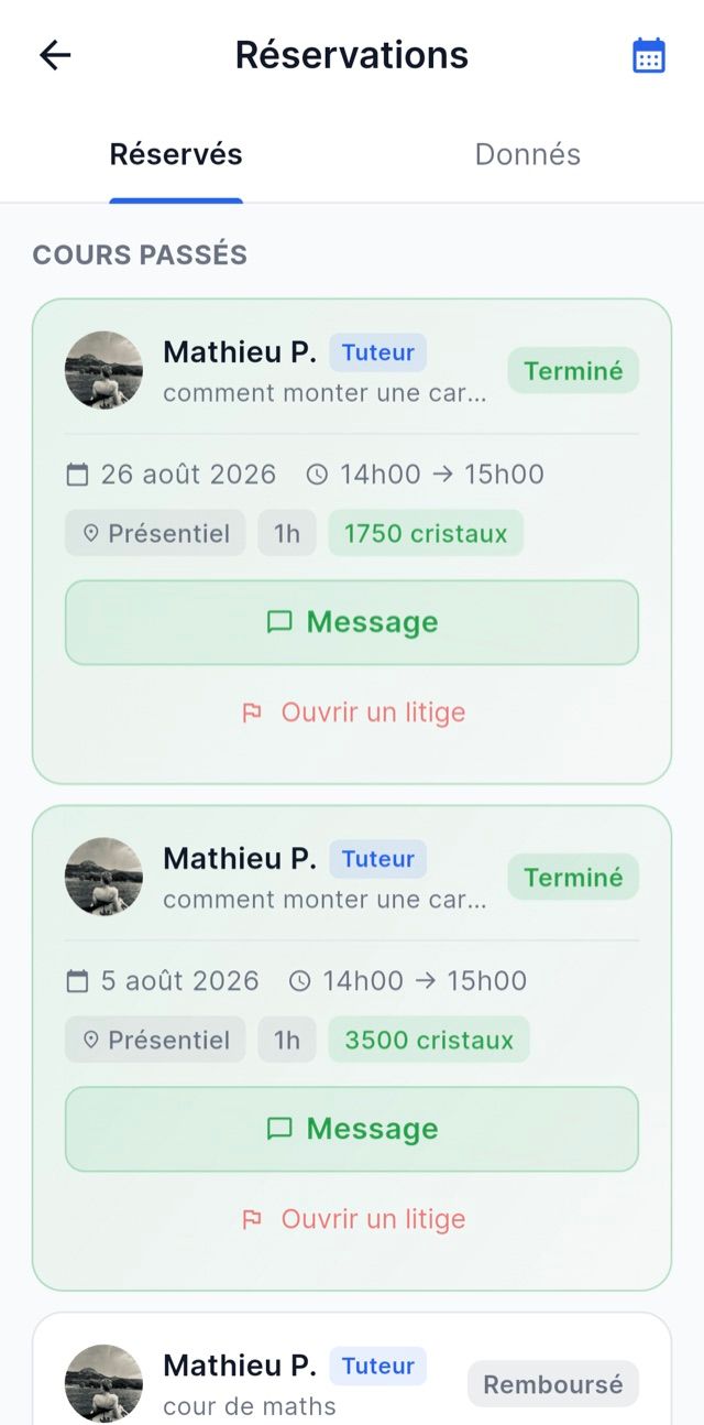 Écran de l'application : l'historique des cours de tutorat réservés, avec leur date, leur durée et leur montant en cristaux.